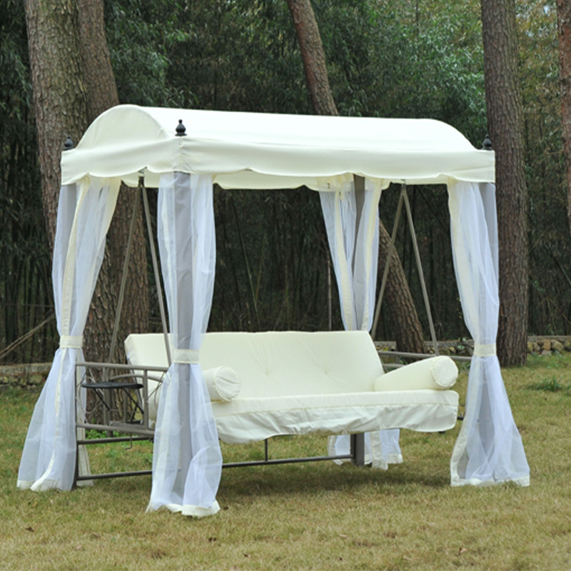 Liegebett aus Eisen mit Kissen und Klapptisch, Pavillon im Freien, Liegebett aus Eisen